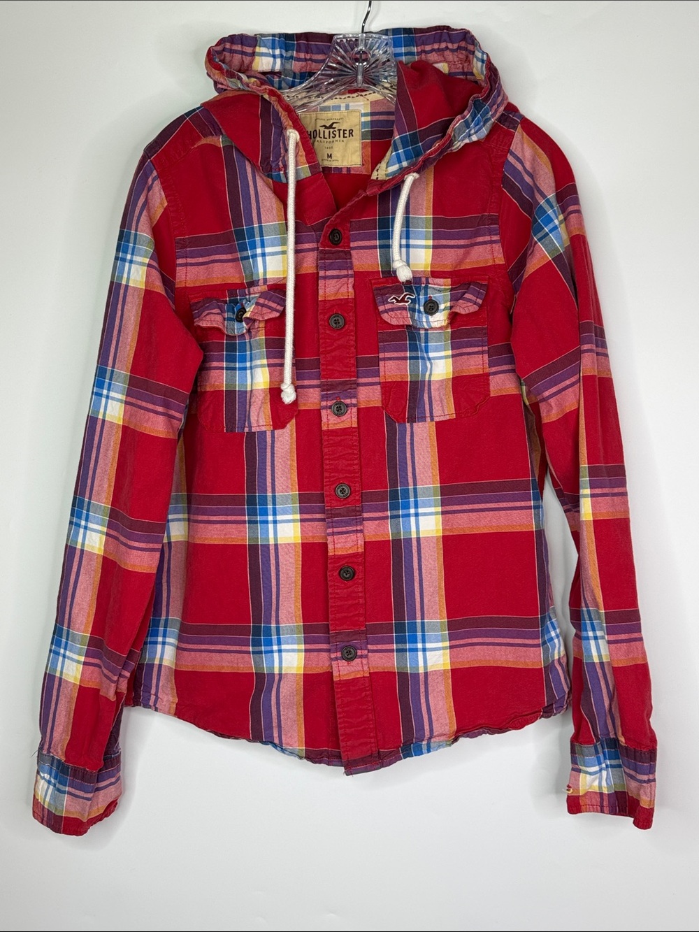 Hollister Red Hooded Button Up Shirt Medium